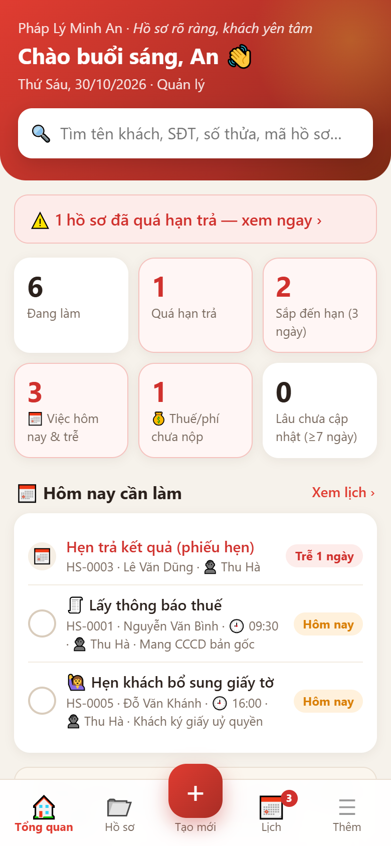 Màn hình tổng quan của app Hồ Sơ Pháp Lý