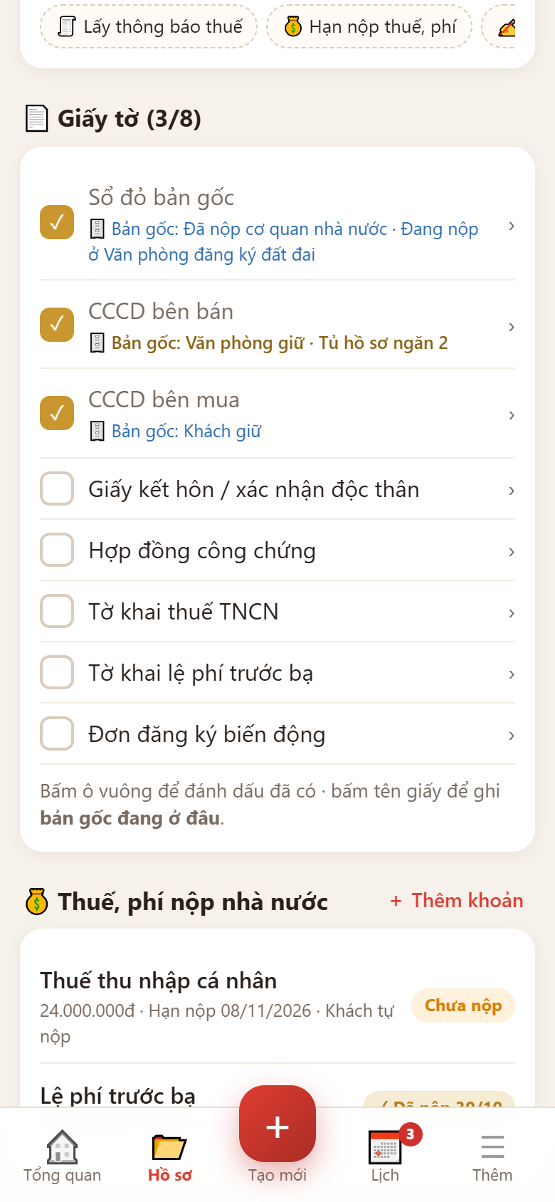 Màn hình giấy tờ và nơi giữ bản gốc