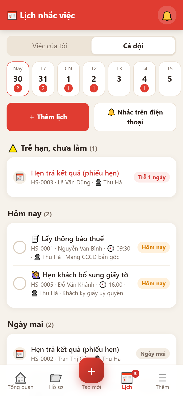 Màn hình lịch nhắc việc
